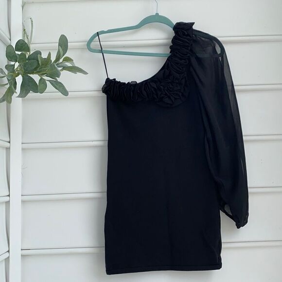 Miss Selfridge Sexy One shoulder Ruffled Slit Balloon Sleeve Mini Dress Size 2 - Picture 1 of 8